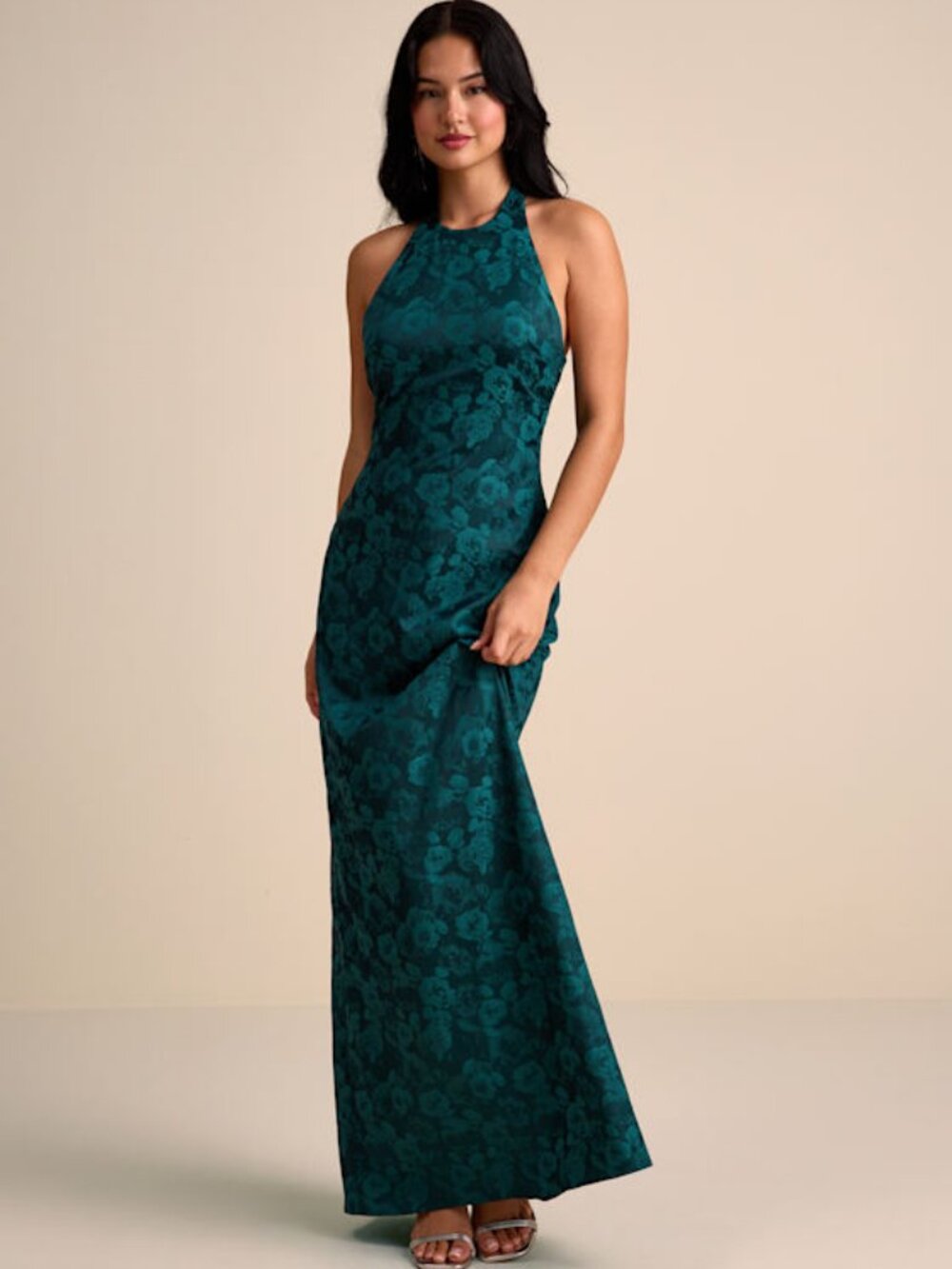 Lulus Alaria Emerald Satin Jacquard Halter Neck Maxi Dress Green - Size XL